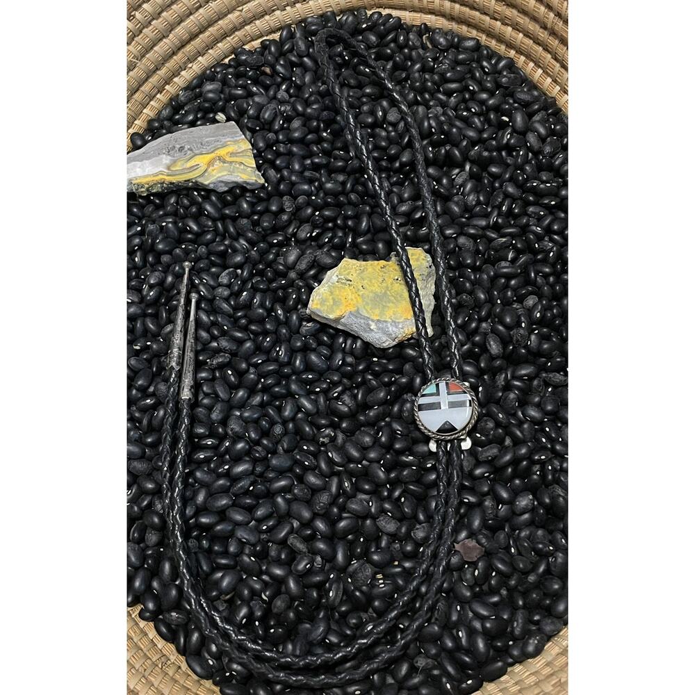 Vintage Sterling Inlaid Zuni Sun Face Turquoise Coral Onyx Mop Bolo Tie Necklace